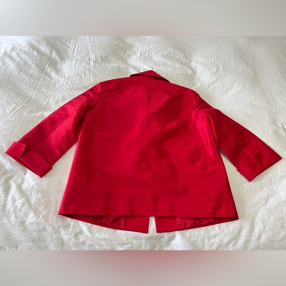 Lafayette 148 | SZ 6 Petite Red 100% Silk Blazer Jacket | Open Front 3/4 Sleeve - Picture 9 of 10